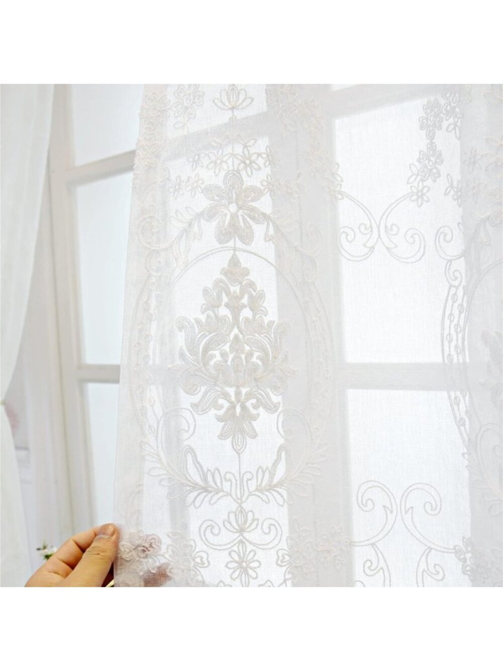 Linen Texture Cotton Sheer Curtains Set of 2 - Embroidered Farmhouse Window